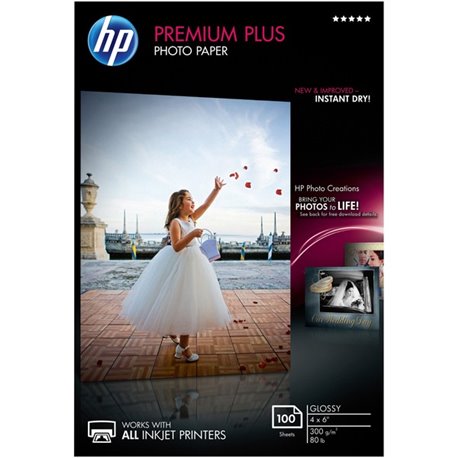 HP Premium Plus 11.5 mil Photo Paper - 4" x 6" - 80 lb Basis Weight - Glossy - 1 / Pack - Smudge Proof, Water Resistant, Quick D