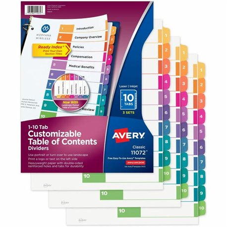 Avery Ready Index Custom TOC Binder Dividers - 30 x Divider(s) - 1-10 - 10 Tab(s)/Set - 8.5" Divider Width x 11" Divider Length 