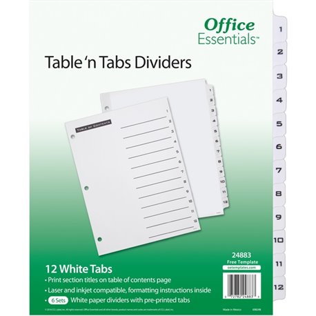 Avery Table 'n Tabs White Tab Numbered Dividers - 288 x Divider(s) - 288 Tab(s) - 1-12 - 12 Tab(s)/Set - 8.5" Divider Width x 11