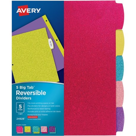 Avery Big Tab Reversible Fashion Dividers - 120 x Divider(s) - 120 Write-on Tab(s) - 5 - 5 Tab(s)/Set - 8.5" Divider Width x 11"