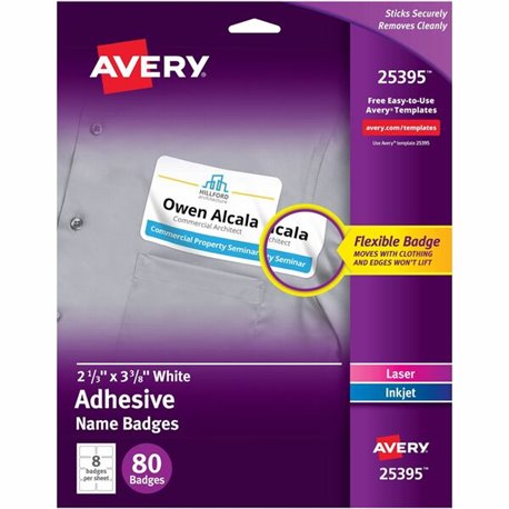 Avery Adhesive Name Badges - 2 21/64" Height x 3 3/8" Width - Removable Adhesive - Rectangle - Laser, Inkjet - Matte - White - F