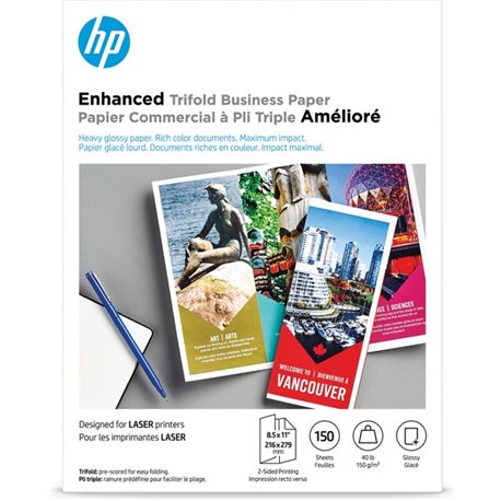 HP Trifold Brochure Paper - White - 97 Brightness - Letter - 8 1/2" x 11" - 40 lb Basis Weight - Smooth, Glossy - 150 / Pack - D