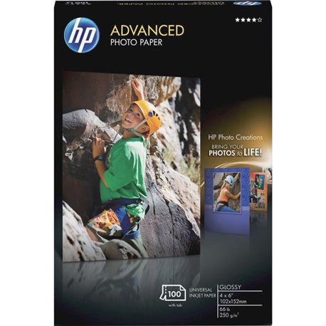 HP Advanced Glossy Photo Paper - 4" x 6" - 66 lb Basis Weight - Glossy - 100 / Pack - Quick Drying, Smudge Resistant, Durable - 