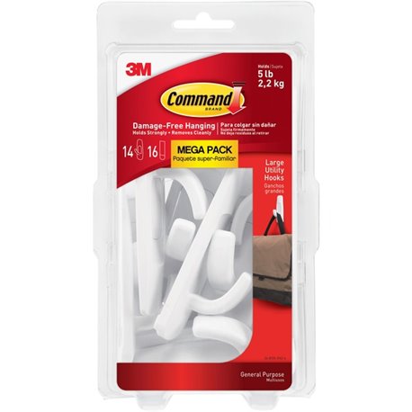 Command Large Utility Hook Mega Pack - 14 Hooks - 14 Large Hook - 5 lb (2.27 kg) Capacity - for Multipurpose, Paint, Wood, Tile 