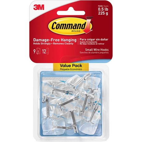 Command Small Wire Hooks - 9 Small Hook - 8 oz (226.8 g) Capacity - 1.6" Length - for Utensil, Pictures, Mirror - Clear - 9 / Pa