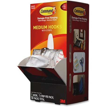 Command Hook Trial Pack - Medium - 3 lb (1.36 kg) Capacity - 3.1" Length - for Paint, Wood, Tile - Plastic - White - 50 / Carton