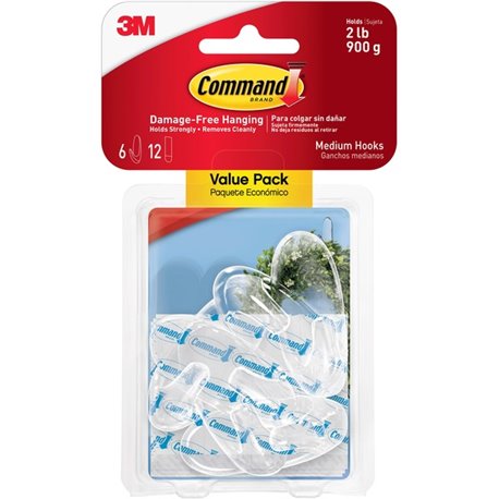 Command Medium Hooks - 2 lb (907.2 g) Capacity - Clear - 12 / Pack