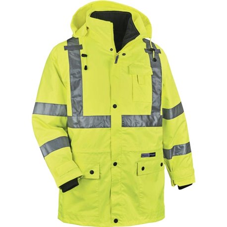 GloWear 4-in-1 High Visibility Jacket - Large Size - 42" Chest - Zipper Closure - Polyurethane, Polyurethane - Lime - Weather Pr