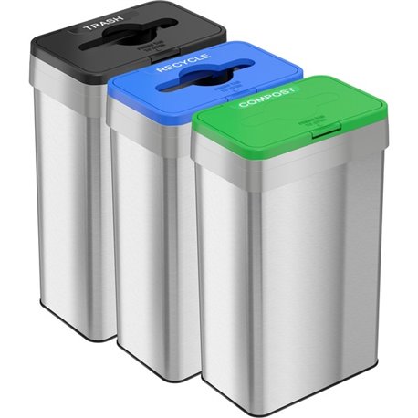 HLS Commercial 21-Gallon Trash/Recycle/Compost Can Set - Push Button Opening - 21 gal Capacity - Rectangular - Fingerprint Proof