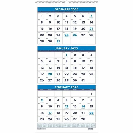 House of Doolittle 3-month Vertical 17" Wall Calendar - Julian Dates - Monthly - 14 Month - December 2024 - January 2026 - 3 Mon