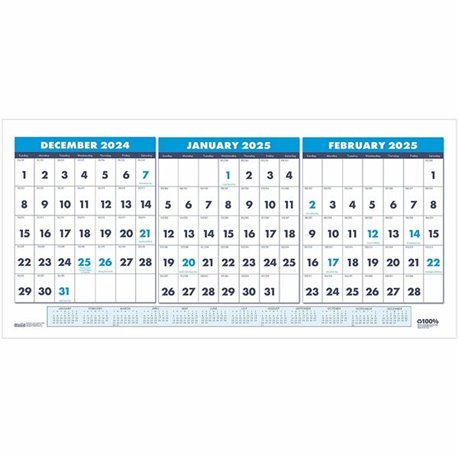 House of Doolittle 3-month Horizontal Wall Calendar - Julian Dates - Monthly - 14 Month - December 2024 - January 2026 - 1.13" x