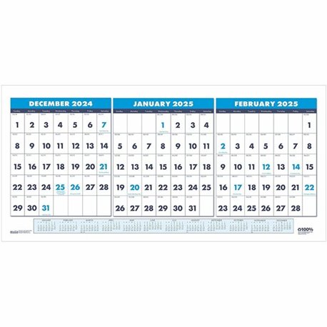 House of Doolittle 3-month Horizontal Wall Calendar - Julian Dates - Monthly - 14 Month - December 2024 - January 2026 - 12" x 2