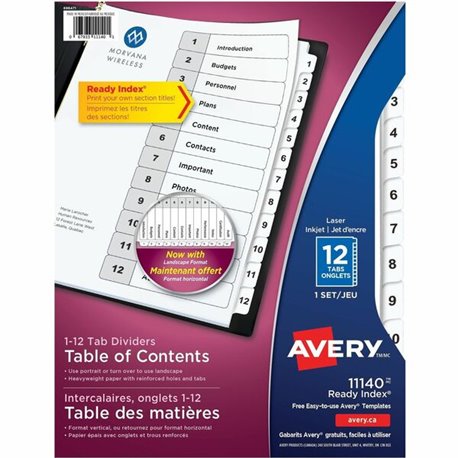 Avery Ready Index Table of Content Dividers for Laser and Inkjet Printers, 12 tabs - 12 x Divider(s) - 1-12 - 12 Tab(s)/Set - 8.