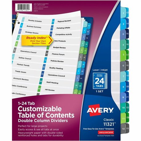 Avery Ready Index Double Column Table of Content Dividers, 24 tabs - 24 x Divider(s) - 1-24 - 24 Tab(s)/Set - 8.5" Divider Width