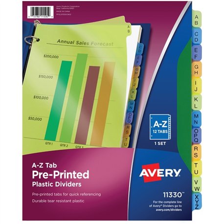Avery Preprinted A-Z Plastic Dividers - 12 x Divider(s) - A-Z - 12 Tab(s)/Set - 8.5" Divider Width x 11" Divider Length - 3 Hole