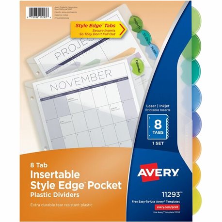 Avery Insertable Style Edge Plastic Dividers with Pockets, 8-tab - 8 x Divider(s) - 8 - 8 Tab(s)/Set - 9.3" Divider Width x 11.2