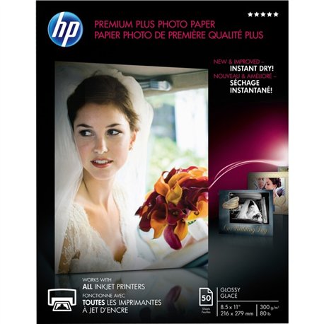 HP Premium Plus 11.5 mil Photo Paper - Letter - 8 1/2" x 11" - 80 lb Basis Weight - Glossy - 50 / Pack - Smudge Proof, Water Res