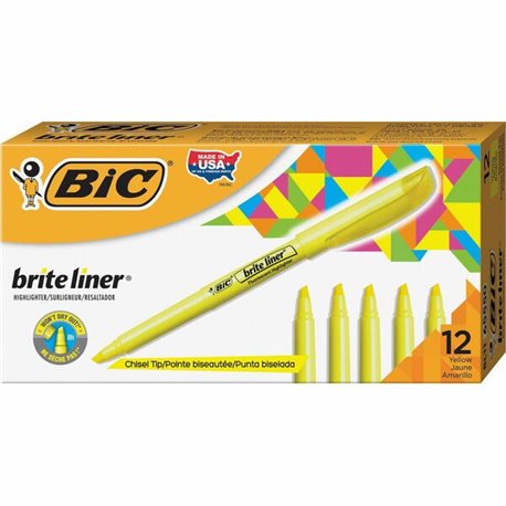 BIC Brite Liner Highlighters - Chisel Marker Point Style - Fluorescent Yellow Water Based Ink - 1 Dozen