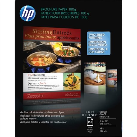 HP Glossy Brochure Inkjet Paper - Glossy - 98 Brightness - 98% Opacity - Letter - 8 1/2" x 11" - 48 lb Basis Weight - Glossy - 1