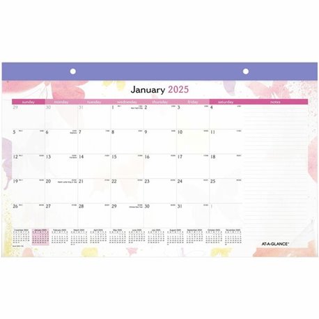 At-A-Glance WatercolorsDesk Pad Calendar - Julian Dates - Monthly - 12 Month - January 2025 - December 2025 - 1 Month Single Pag