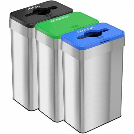 HLS Commercial 21-Gallon Trash/Recycle/Compost Can Set - Push Button Opening - 21 gal Capacity - Rectangular - Fingerprint Proof