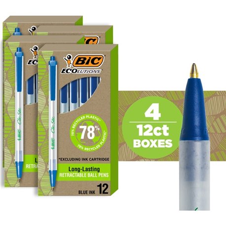 BIC Ecolutions Clic Stic Ballpoint Pen - Medium Pen Point - 1 mm Pen Point Size - Retractable - Blue - Semi Clear Barrel - 48 / 