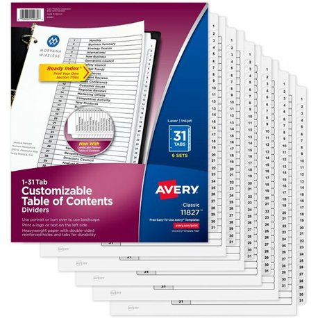 Avery 1-31 Custom Table of Contents Dividers - 186 x Divider(s) - 1-31, Table of Contents - 31 Tab(s)/Set - 8.5" Divider Width x