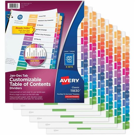 Avery Ready Index 12 Tab Dividers, Customizable TOC, 6 Sets - 72 x Divider(s) - Jan-Dec, Table of Contents - 12 Tab(s)/Set - 8.5