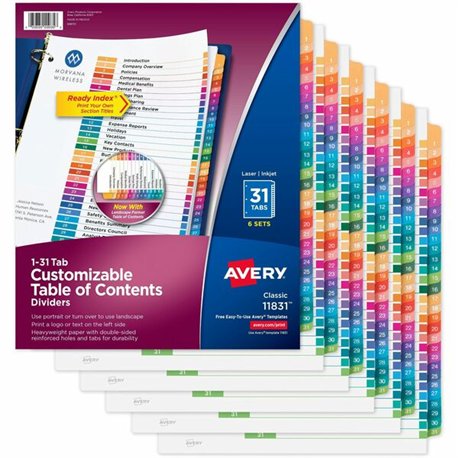 Avery Ready Index 31 Tab Dividers, Customizable TOC, 6 Sets - 186 x Divider(s) - 1-31, Table of Contents - 31 Tab(s)/Set - 8.5" 
