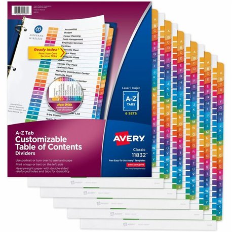 Avery A-Z Customizable Multicolor TOC Dividers - 156 x Divider(s) - A-Z, Table of Contents - 26 Tab(s)/Set - 8.5" Divider Width 