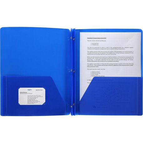 Business Source Letter Portfolio - 8 1/2" x 11" - 50 Sheet Capacity - 3 x Prong Fastener(s) - 2 Pocket(s) - Blue - 1 Each