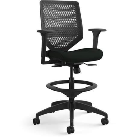 HON Solve Sitting Stool - Black Vinyl Seat - Charcoal Mesh Back - Black Frame - Mid Back - 5-star Base - Black