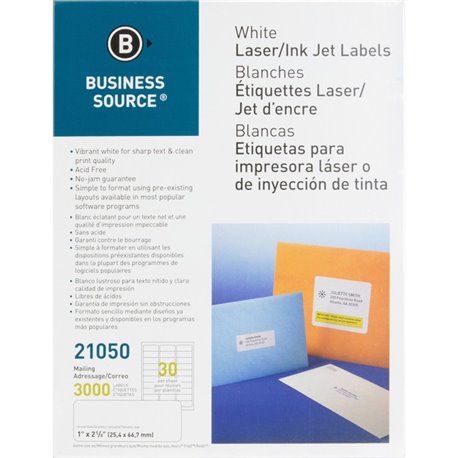 Business Source Bright White Premium-quality Address Labels - 1" Width x 2 5/8" Length - Permanent Adhesive - Rectangle - Laser,