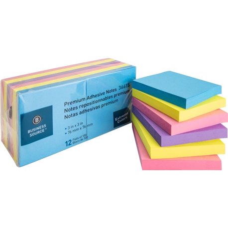 Business Source 3x3 Extreme Colors Adhesive Notes - 100 - 3" x 3" - Square - Assorted - Repositionable, Solvent-free Adhesive - 