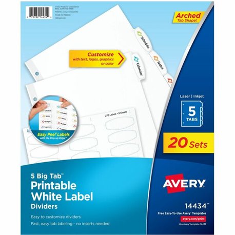 Avery Big Tab Printable White Label Dividers - 100 x Divider(s) - 5 - 5 Tab(s)/Set - 8.5" Divider Width x 11" Divider Length - 3