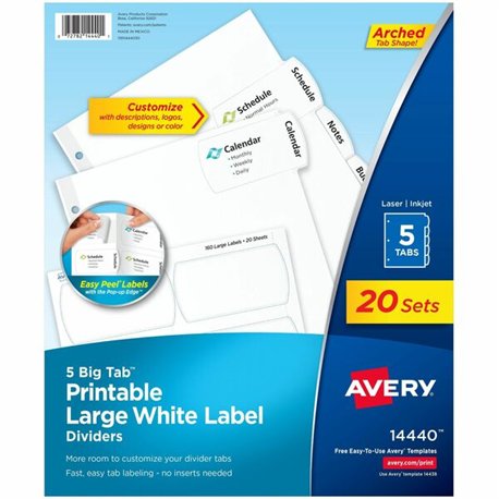Avery Big Tab Tab Divider - 100 x Divider(s) - 5 - 5 Tab(s)/Set - 8.5" Divider Width x 11" Divider Length - 3 Hole Punched - Whi