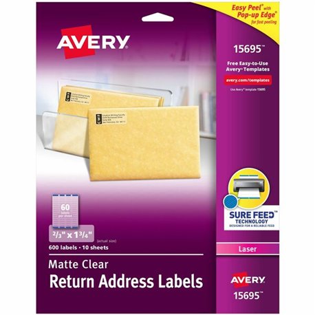 Avery Easy Peel Return Address Labels - 2/3" Width x 1 3/4" Length - Permanent Adhesive - Rectangle - Laser - Clear - Film - 60 