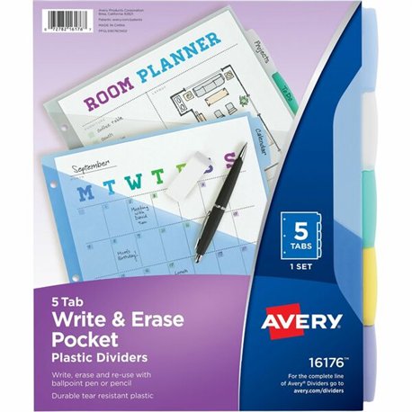 Avery Write & Erase Durable Plastic Dividers w/Pockets, 5-tab, Multicolor - 5 x Divider(s) - 5 Write-on Tab(s) - 5 - 5 Tab(s)/Se