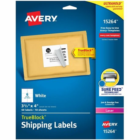 Avery Shipping Labels, Sure Feed, 3-1/3" x 4" , 60 White Labels (15264) - Permanent Adhesive - Rectangle - Laser, Inkjet - White