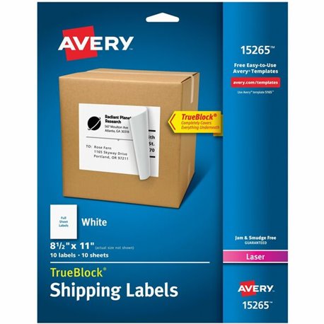 Avery Internet Shipping Labels, 8-1/2" x 11" , 10 Labels (15265) - Permanent Adhesive - Laser, Inkjet - White - Paper - 1 / Shee