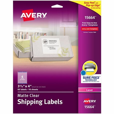 Avery Clear Shipping Labels, Sure Feed, 3-1/3" x 4" 300 Labels (15664) - 3 21/64" Width x 4" Length - Permanent Adhesive - Recta