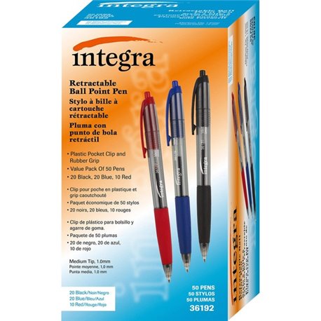 Integra 1.0mm Retractable Ballpoint Pen - Medium Pen Point - 1 mm Pen Point Size - Retractable - Assorted - 50 / Box