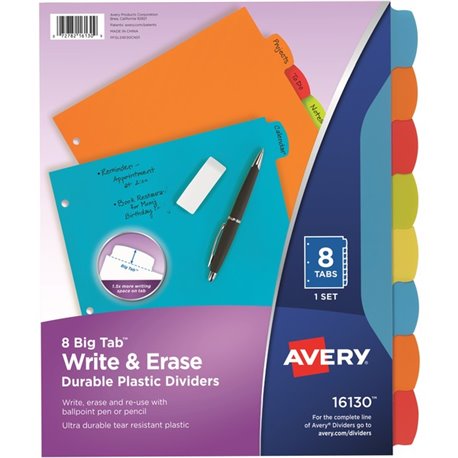 Avery Big Tab Write & Erase Durable Plastic Dividers - 8 x Divider(s) - 8 Write-on Tab(s) - 8 - 8 Tab(s)/Set - 8.5" Divider Widt