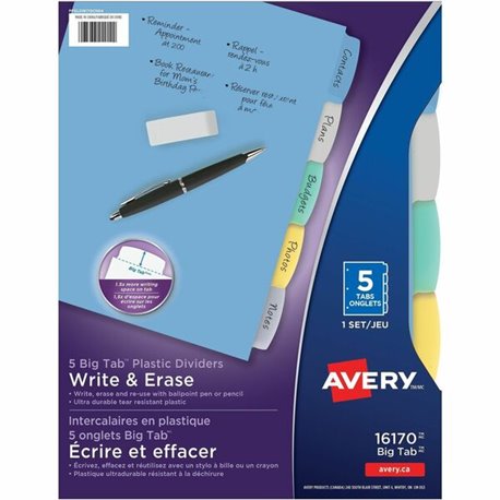 Avery Big Tab Write & Erase Plastic Dividers, 5 tabs, 1 set - 5 x Divider(s) - 5 Write-on Tab(s) - 5 - 5 Tab(s)/Set - 8.5" Divid