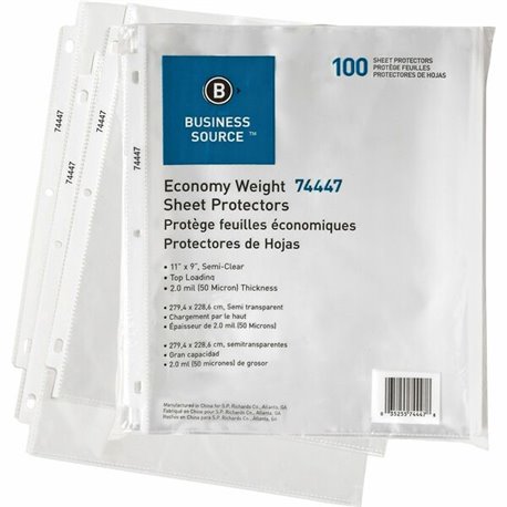 Business Source Economy Weight Sheet Protectors - 11" Height x 9" Width - 2 mil Thickness - For Letter 8 1/2" x 11" Sheet - Ring