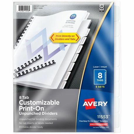 Avery(R) Unpunched Print-On(TM) Dividers, 8 Tabs, 5 Sets (11553) - 40 x Divider(s) - Print-on Tab(s) - 8 - 8 Tab(s)/Set - 8.5" D