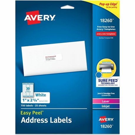 Avery Easy Peal Sure Feed Address Labels - Permanent Adhesive - Rectangle - Laser, Inkjet - White - Paper - 30 / Sheet - 125 Tot