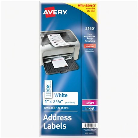 Avery Mini-Sheets Address Label - 1" Width x 2 5/8" Length - Permanent Adhesive - Rectangle - Laser, Inkjet - White - Paper - 8 