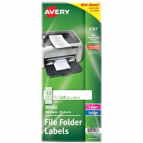 Avery File Folder Labels - 21/32" Width x 3 7/16" Length - Permanent Adhesive - Rectangle - Laser, Inkjet - White - Paper - 12 /