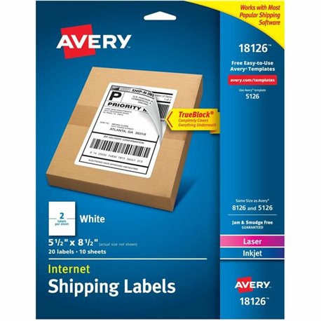 Avery Internet Shipping Labels, 5-1/2" x 8-1/2" , 20 Labels (18126) - Permanent Adhesive - Rectangle - Laser, Inkjet - White - P